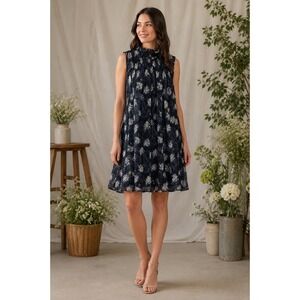 Joie Sleeveless Shift Dress Large Navy Blue Black Floral Mock Neck Sheer Overlay